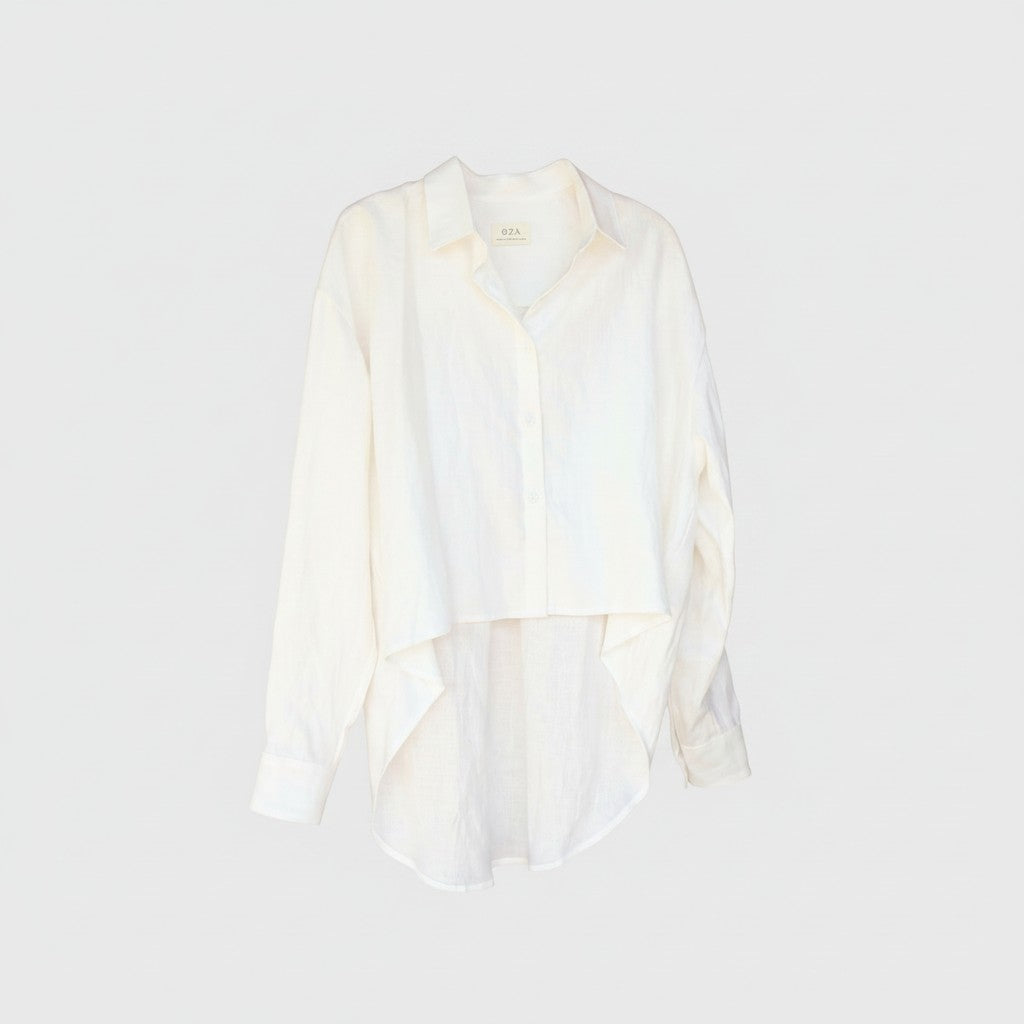 The Bone Button Up Crop in bone linen, shown against a plain background