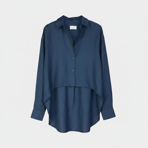 The Petrol Button Up Crop in deep petrol linen, shown against a plain background